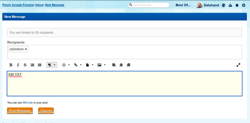 a screenshot of a draft PM to user 'coinreturn' on the PA Forums